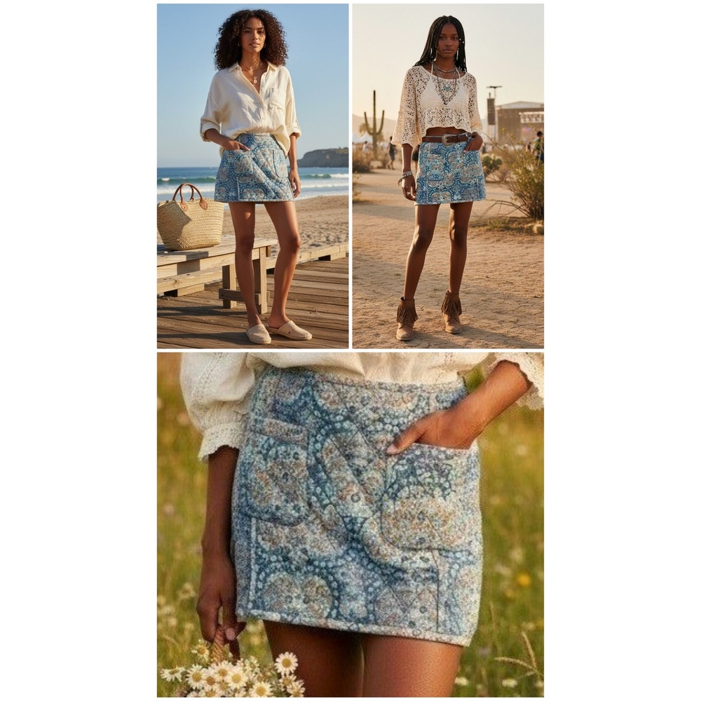 Free People Quilted Darla Mini Skirt 28 Blue Botanical Tapestry Boho Indie
